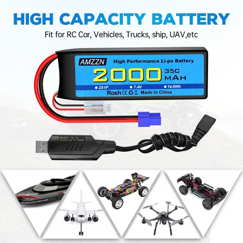 Vista 2 de Batería Lipo de 7.4V 2000mAh 35C 2S EC2 Plug Lipo con cable de carga USB para coche RC, modelo de camión, barco de control remoto, RC Quadcopter