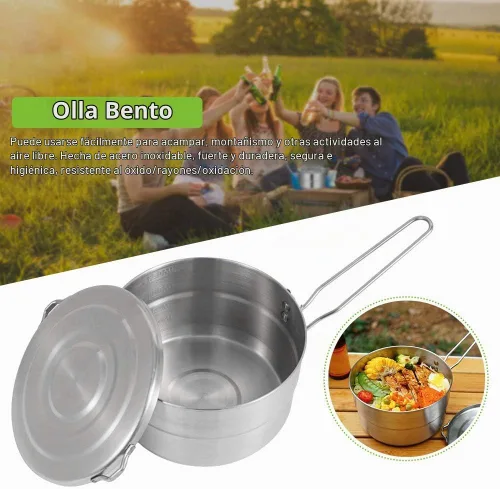 Vista 2 de DenpenTEC - Olla de acero inoxidable con tapa y mango plegable, olla Bento de gran capacidad de 1.5 L para acampar y senderismo