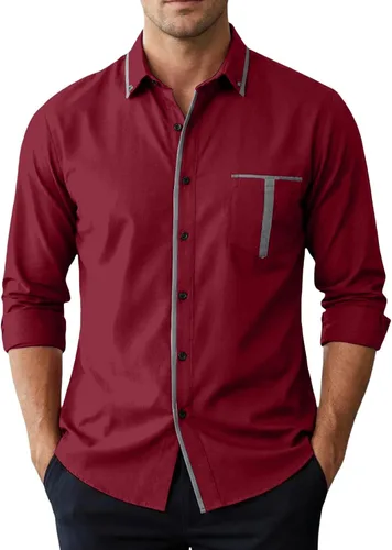 Vista 7 de Camisas de manga larga de algodón vintage para hombre, estilo casual, con botones, cuello en contraste