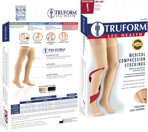Vista 3 de Truform - Calcetines de compresión 30-40 mmHg para hombres y mujeres, altura hasta el muslo, punta con puntos, punta cerrada, beige, talla S