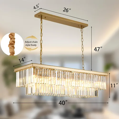 Vista 2 de Candelabro rectangular dorado de 40 pulgadas, 10 luces, iluminación colgante de cristal de lujo para comedor, isla de cocina y bar, altura
