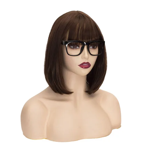 Vista 3 de FALAMKA Peluca corta marrón para mujer, peluca de cosplay estilo Bob, disfraz de Halloween con cristal negro