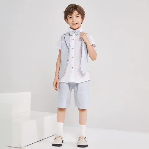Vista 5 de Traje de verano para niños, ropa de vestir para niños, traje de portador de anillo de boda, 4 piezas, camisa, chaleco y pantalones cortos