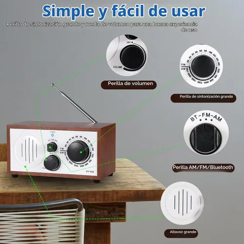Vista 6 de Altavoz Bluetooth AM FM de madera vintage con enchufe de pared, diseño elegante y retro, altavoz Bluetooth con entrada auxiliar, conector