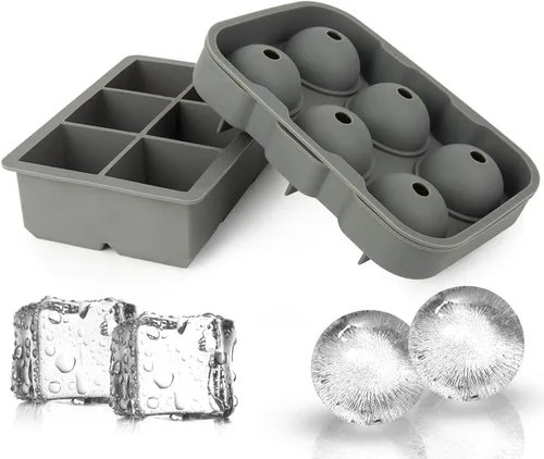 Vista 8 de Ticent Bandejas de cubitos de hielo (juego de 2), molde de silicona para bolas de hielo con forma de esfera para whisky con tapas y moldes cuadrados