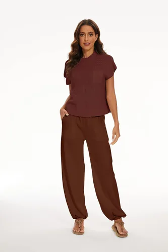 Vista 3 de SAFRISIOR Conjunto de suéter de dos piezas para mujer, sin mangas, suéter de punto y pantalones de cintura alta