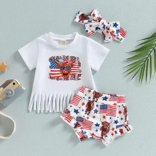 Vista 2 de 4 de Julio Bebé Niña Ropa de Verano Traje de Arco Iris Camiseta de Bebé Americano Conjunto de Pantalones Cortos