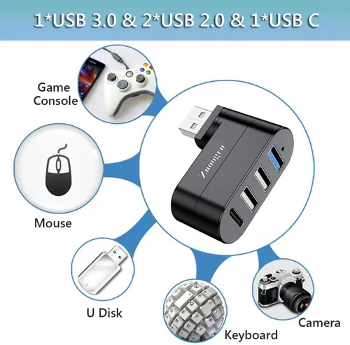 Vista 6 de Actualización: 4 puertos USB 3.0 Hub (90°/180° grados giratorio), Hub giratorio USB multipuerto con puerto USB C de alimentación/datos, extensor USB
