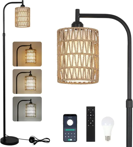Vista 8 de LAMSU Modernas lámparas de pie doradas para sala de estar, lámpara de pie de ratán bohemio con bombilla LED regulable y control remoto, lámpara