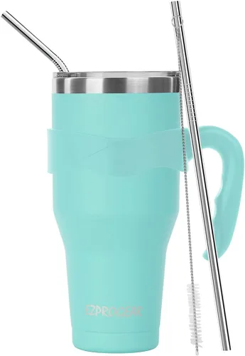 Vista 10 de Ezprogear – Vaso con aislamiento al vacío de doble pared de acero inoxidable, con pajilla y asa Doble pared, acero inoxidable, taza