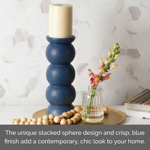 Vista 6 de Elements Portavelas de cerámica de 10 pulgadas, diseño de esfera apilada en azul oscuro, soporte decorativo moderno para decoración del hogar, sala