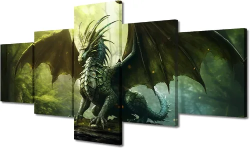Vista 16 de Lienzo decorativo para pared de sala de estar, lienzo de dragón, 5 paneles, dragón verde, decoración de pared para el hogar, decoración de pared