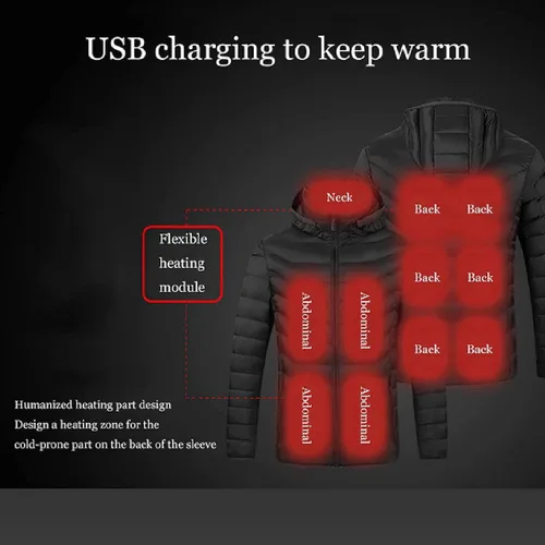 Vista 2 de Chaqueta térmica para invierno, ligera, con calefacción eléctrica USB, con capucha desmontable, 11 zonas con calefacción