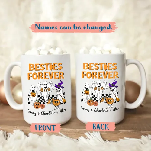 Vista 2 de Taza de café blanca personalizada de Halloween Besties, Besties Forever y 3 tazas de café Boo de 11 onzas y 15 onzas, bonita taza de cerámica Boo