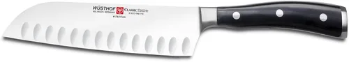 Vista 4 de Wusthof Classic Ikon cuchillo santoku con filo hueco, Negro