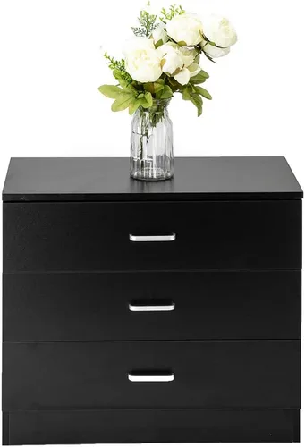 Vista 5 de Vasitelan Cómoda de madera con 3 cajones, cómoda de almacenamiento moderna, mesita de noche de madera para dormitorio, sala de estar (negro)
