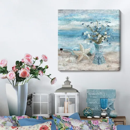 Vista 3 de Arte de pared para decoración de baño, imagen de playa azul, tema oceánico, impresión en lienzo de flores, pintura moderna de paisaje marino
