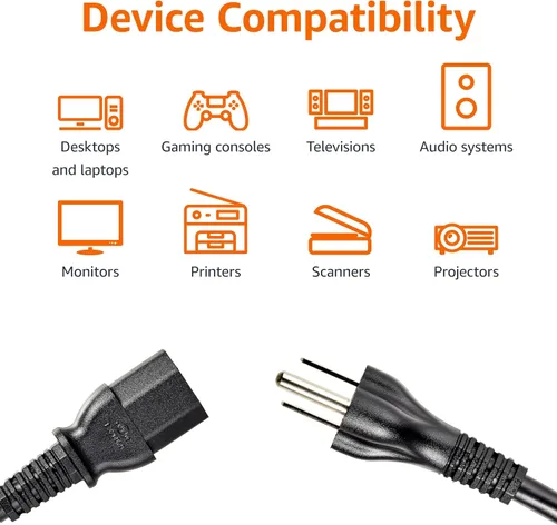 Vista 4 de Amazon Basics Cable de alimentación para PC, 3 pies, Cable de alimentación CA para monitor, computadora, TV, 3 clavijas, 18 AWG, 125 voltios, negro