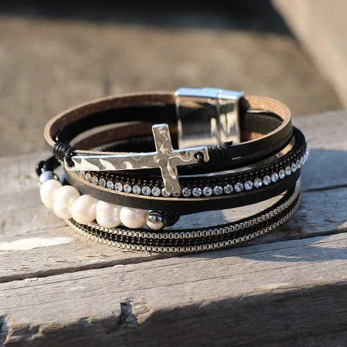 Vista 6 de Vercret - Pulsera de cuero para mujer, pulsera para niña de varias capas, ideal como regalo para mujer, hermana mayor, mamá, etc.