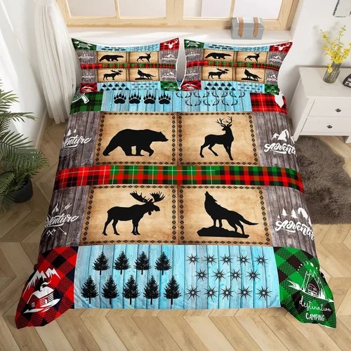 Vista 4 de Juego de funda de edredón para niños de ciervo, oso, lobo, tamaño individual, juego de ropa de cama de cabaña de aventura para niños, niñas
