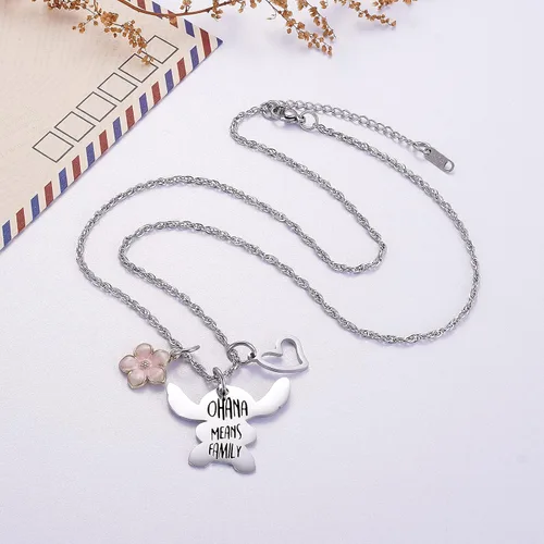 Vista 2 de Ralukiia - Collar con la frase "Ohana mean family", llavero con forma de Stitch, regalos de joyería para niños y niñas