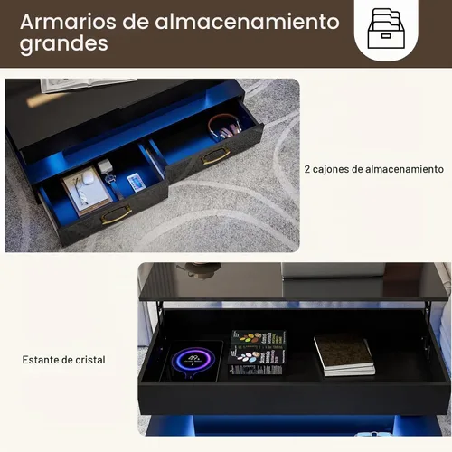 Vista 7 de IKIFLY Mesa de Centro Moderna con Tapa Elevable, Alto Brillo con Luces LED de 16 Colores, Tapa Elevable con 2 Cajones y Compartimento Oculto
