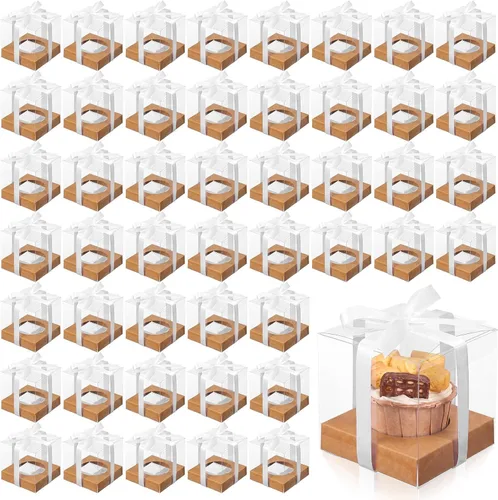 Vista 10 de Thenshop 50 cajas transparentes para cupcakes individuales de 3.5 pulgadas, cajas individuales de plástico para cupcakes con insertos y cinta