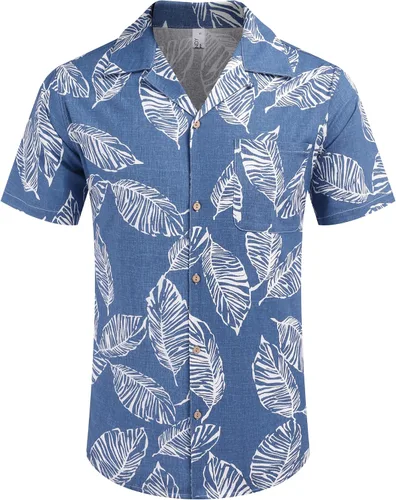 Vista 2 de COOFANDY Camisas florales hawaianas de algodón y lino con botones tropicales para hombre