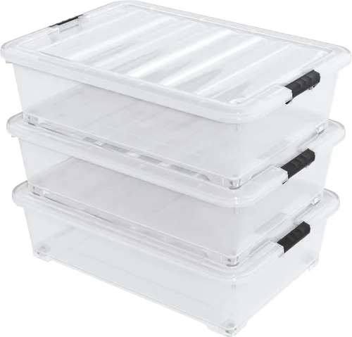 Vista 9 de Juego de 4 contenedores apilables de plástico transparente para debajo de la cama con tapa, 20 cuartos de galón Latch storage container, slim 5.98