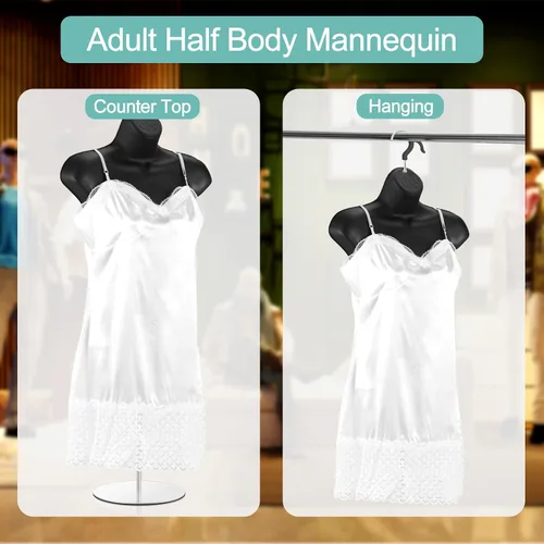 Vista 4 de Geetery 2 piezas de maniquí femenino con soporte y gancho para colgar, maniquí de mesa, cuerpo hueco en la espalda para mostrador de manualidades