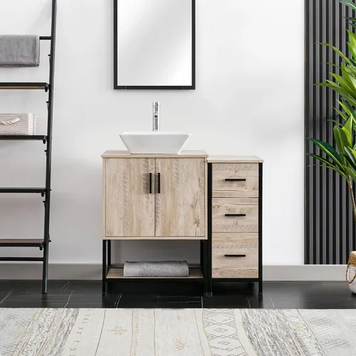 Vista 23 de eclife Lavabo de tocador de baño de 24 pulgadas, gabinete de metal moderno con estante inferior, fregadero azul para barco y grifo de ahorro de agua