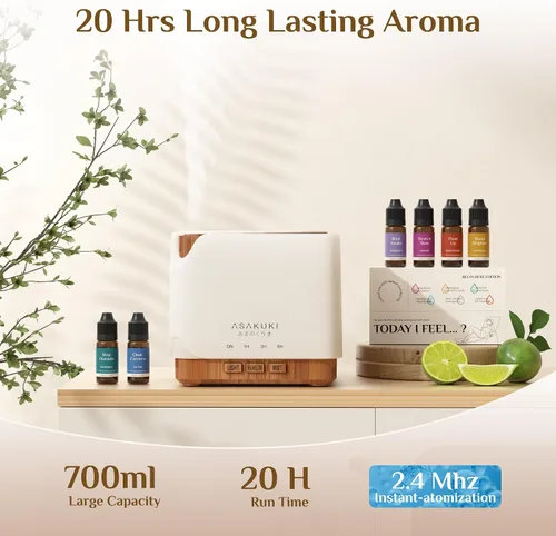 Vista 4 de ASAKUKI - Difusor de aceites esenciales de 700 ml, ultrasónico, humidificador de aromaterapia con juego de los 6 mejores aceites esenciales, 7