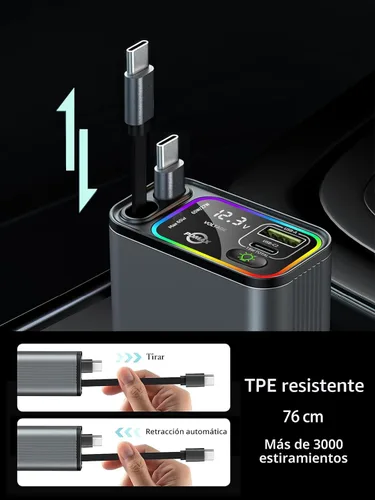 Vista 2 de Cargador de coche retráctil USB C, cargador de coche tipo C de 145 W, carga rápida con cable USB C retráctil dual y puertos USB para iPhone