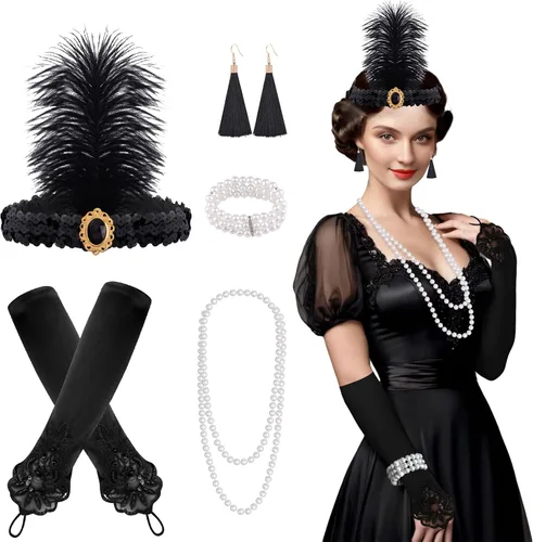 Vista 7 de FEPITO Juego de accesorios de los años 20 para mujer con diadema Conjunto C