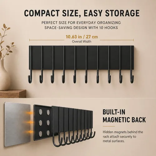 Vista 6 de 2 soportes magnéticos para llaves para refrigerador con 10 ganchos, soporte magnético para utensilios para pared, organizador de ganchos colgadores