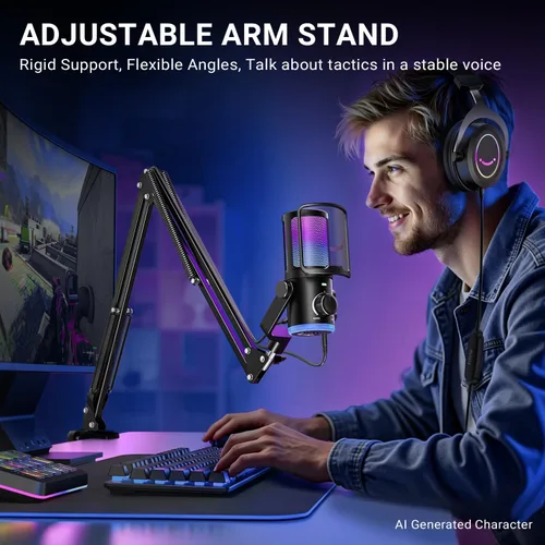 Vista 9 de FIFINE Kit de micrófono de transmisión USB para juegos, micrófono de condensador con RGB, cancelación de ruido, Dial de juego/chat Plug & Play