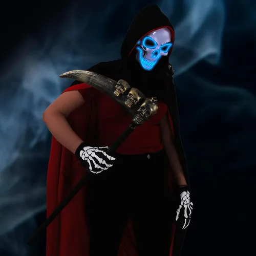 Vista 6 de ProlPings Halloween Grim Reaper Costume for Kids Adults,LED Mask Gloves Cape for Halloween Costume Dress up Party