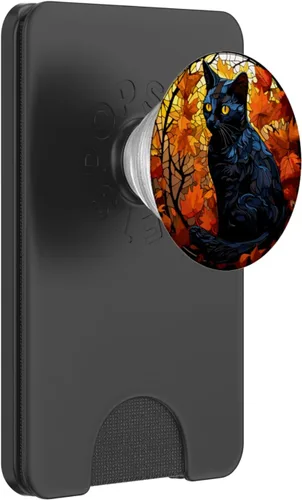 Vista 7 de Halloween Gato Negro Vidriera Otoño Hojas PopSockets Estándar PopGrip