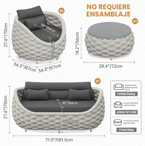 Vista 7 de Juego de muebles de patio de cuerda de 4 piezas: conjunto de sofás al aire libre de aluminio acolchado - sofá de conversación moderno ensamblado