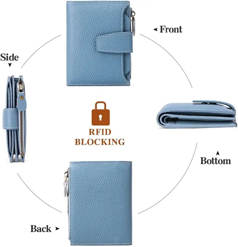 Vista 4 de FALAN MULE - Cartera de cuero auténtico para mujer, pequeña plegable , compacta, con interferencia de radiofrecuencia (RFID)