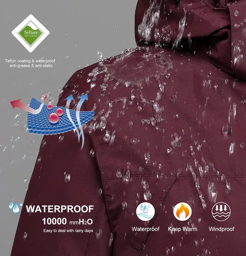 Vista 4 de PTSOC Womens 3 in 1 Waterproof Ski Jacket Warm Winter Snow Coat Windproof Hooded Snowboarding Raincoat