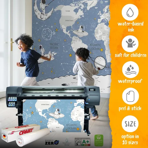 Vista 3 de Papel tapiz para habitación de niños, espacio de astronauta, mural de mapa gigante del mundo con países, papel tapiz para guardería, despegar