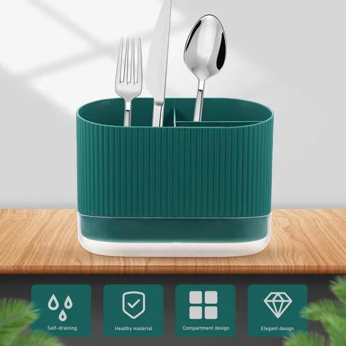 Vista 3 de Soporte para utensilios de cocina, organizador de cubiertos de plástico con drenaje para palillos, 3 compartimentos, cuchara y tenedor