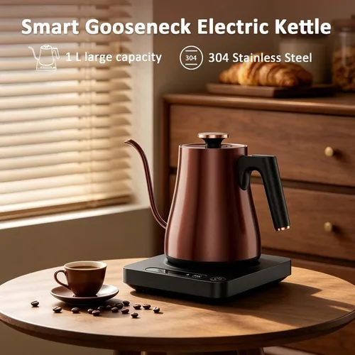 Vista 2 de Gooseneck Electric Kettle 1.0L,1000W, Smart, Pour Over, Copper 104-212°F, LED Digital Display, Touch control, Keep Warm, 304 SS BPA-Free, Auto