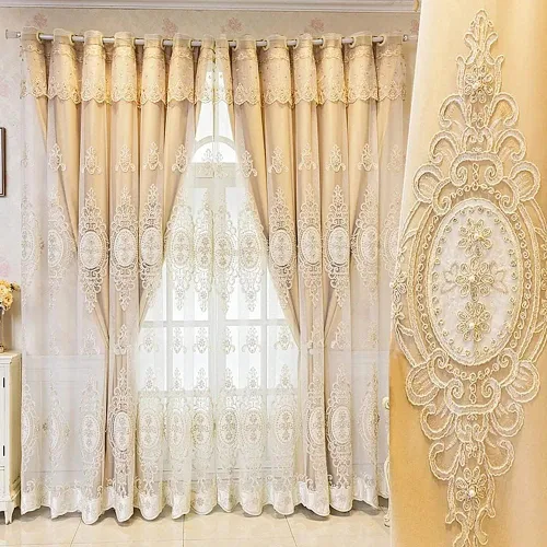Vista 10 de Amidoudou 1 par de cortinas europeas de doble capa con cenefas para sala de estar, dormitorio, cortinas bordadas con flores 3D de lujo
