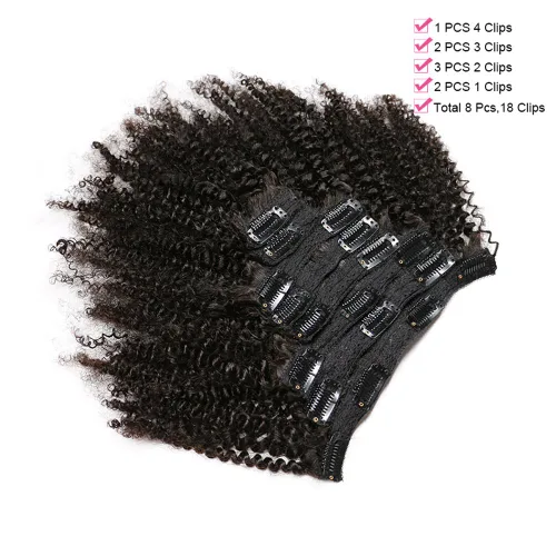 Vista 6 de MEIEM Extensiones de cabello rizado afro 4B 4C con clip, cabello virgen brasileño Remy, color natural, 4.23 onzas, 8 unidades por juego