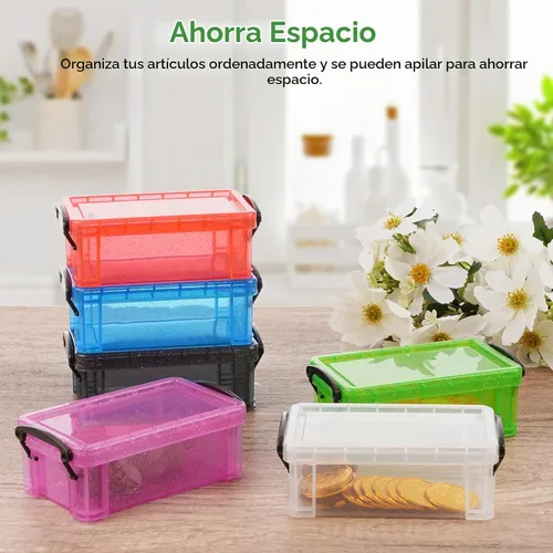 Vista 2 de Mini recipientes de almacenamiento de plástico con tapas de bloqueo, 6 cajas de plástico pequeñas de 5.4 x 3 x 2 pulgadas, cajas de colores surtidos