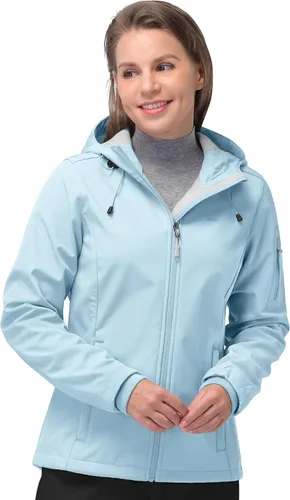 Vista 9 de 33,000ft Chaqueta de softshell para mujer, chaqueta cálida con forro polar, ligera con capucha, impermeable, para senderismo al aire libre Rojo Berry