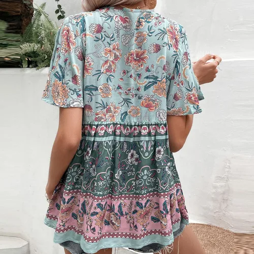 Vista 6 de Womens Shirts Dressy Casual 2023 Bohemian Flowy Streetwear Blouses Trendy Tops Short Sleeve Blouses