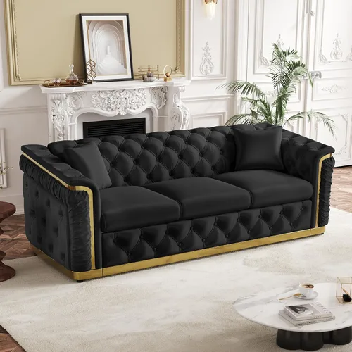 Vista 18 de Sofá de dos plazas Chesterfield de terciopelo de 62.2 pulgadas, sofá de lujo blanco y dorado, beige Gris